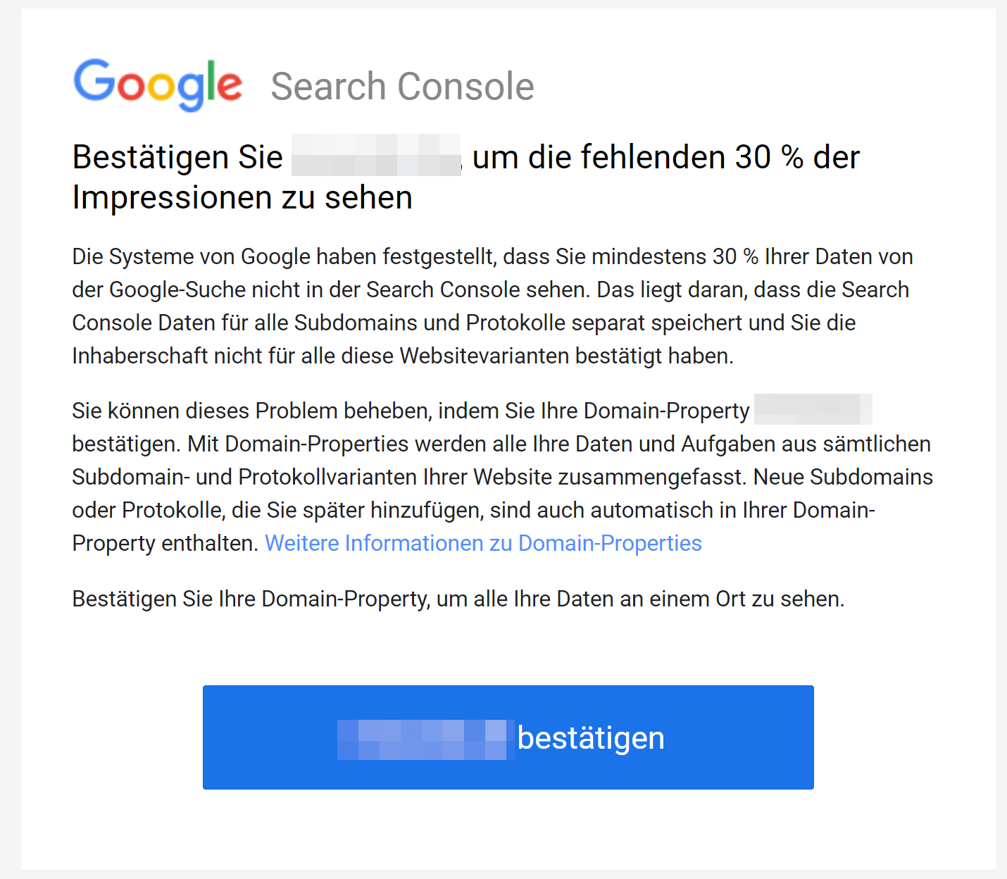 Google Search Console: Mitteilung über unvollständige Anmeldung und nicht angezeigte Impressionen