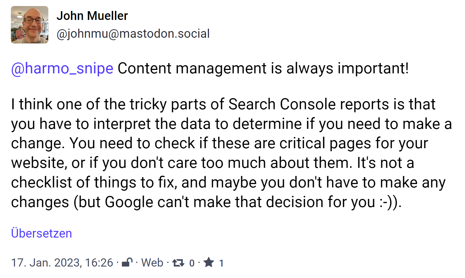 Google Search Console nicht einfach als Checkliste verwenden - John Müller auf Mastodon