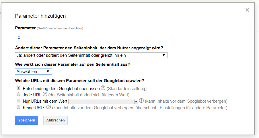 Google Search Console: Auswahl im Tool für URL-Parameter