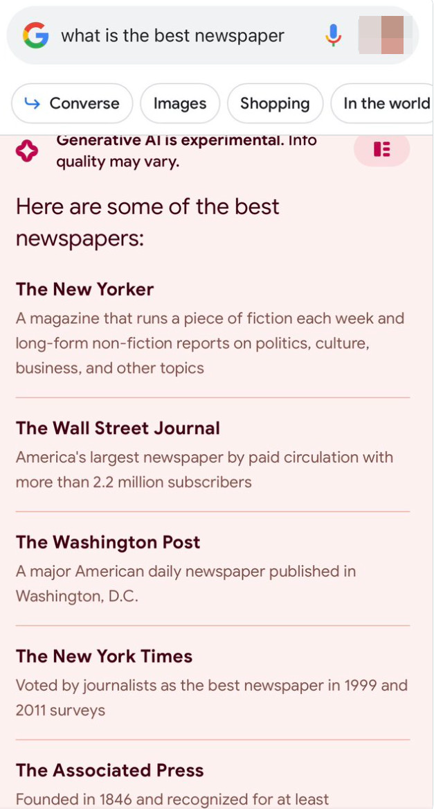 Google SGE: Welches sind die besten Zeitungen?