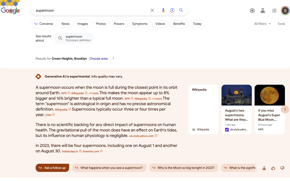 Google SGE mit Content-Links in der Antwort des AI-Snapshots und ohne Bear Claw