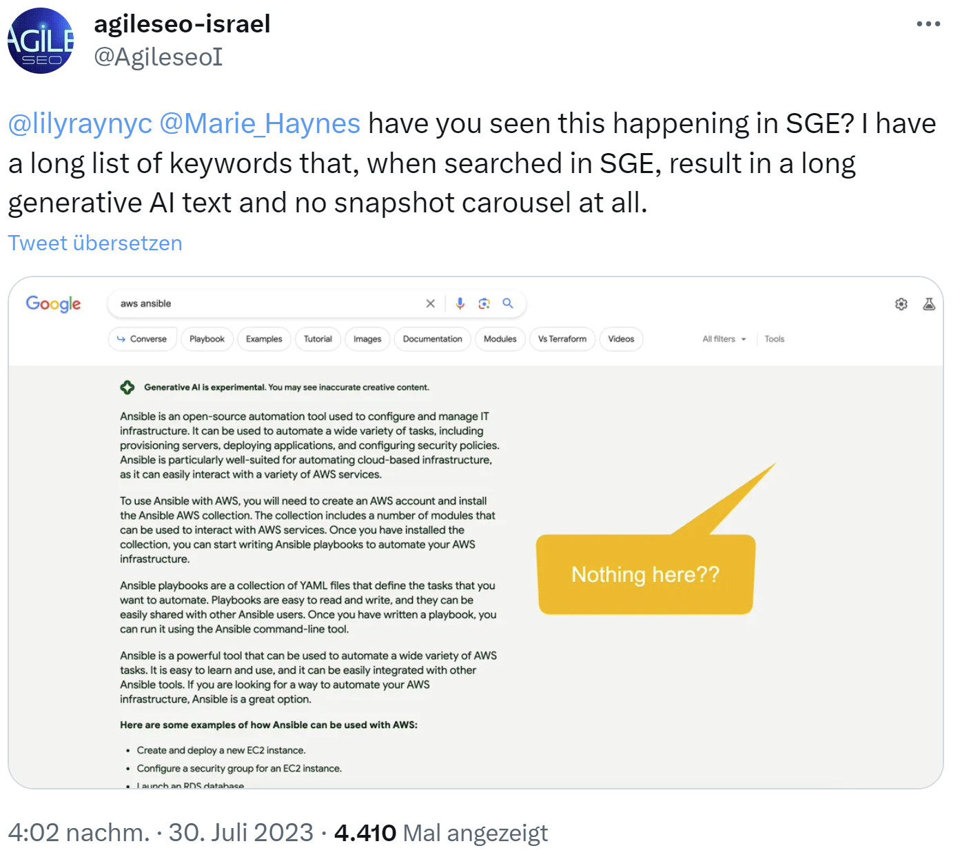 Google SGE zeigt in vielen AI-Snaphsots keine Quellen an: agileseo-israel auf Twitter