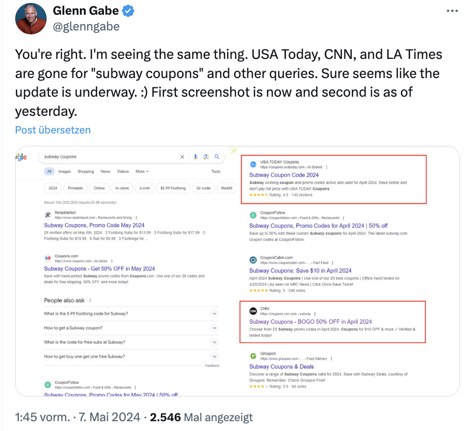 Google Site Reputation Abuse: Gutscheinseiten von USA Today, CNN und anderen für bestimmte Gutschein-Abfragen aus den Suchergebnissen verschwunden - Glenn Gabe auf Twitter