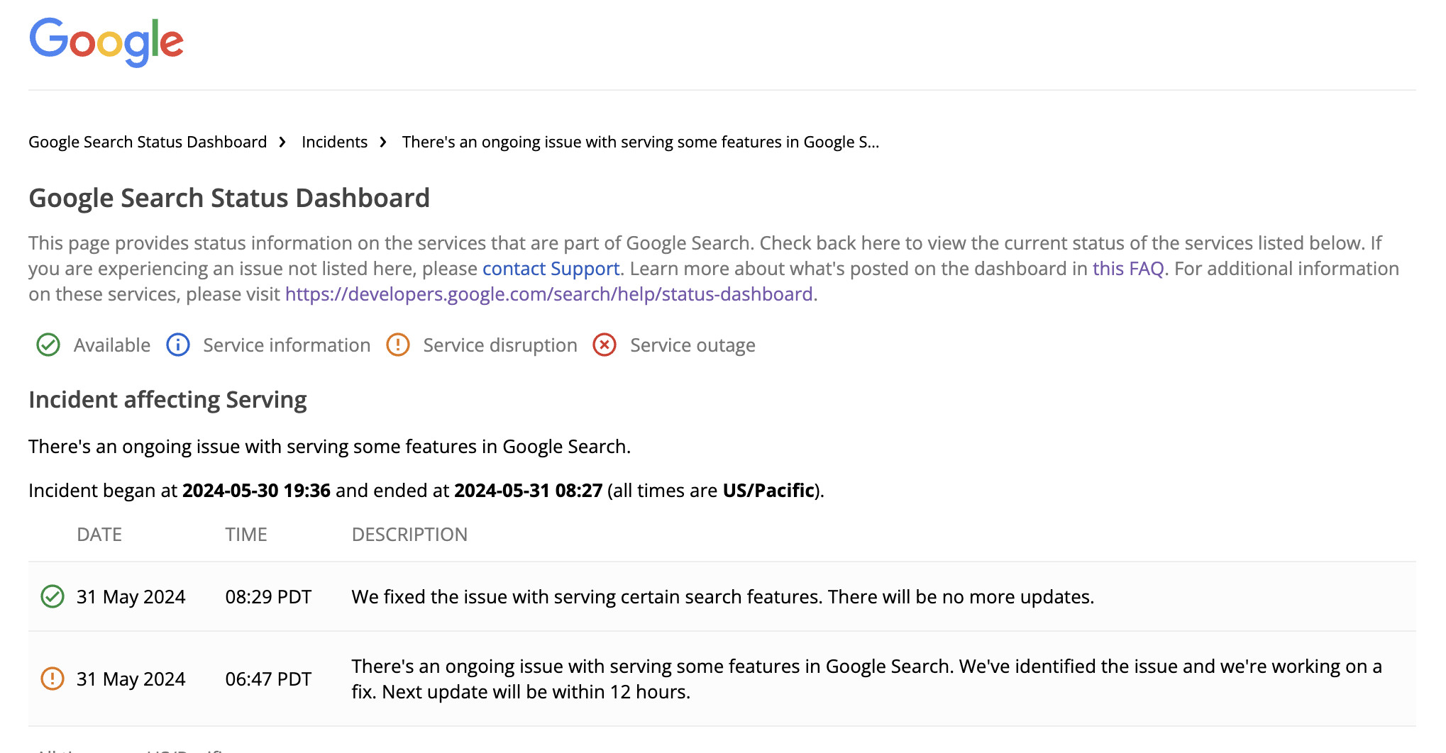 Google Search Status Board Serving 31.05.2024