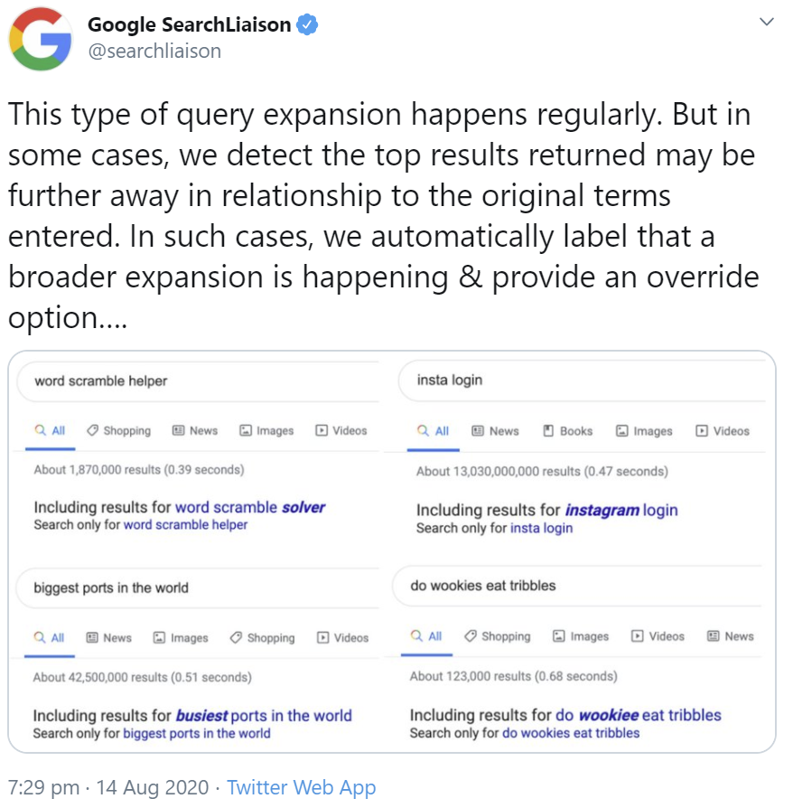 Google: Wenn bei der Ausweitung der Suchbegriffe die Top-Ergebnisse weiter vom Ursprungsbegriff entfernt sind, wird das angezeigt