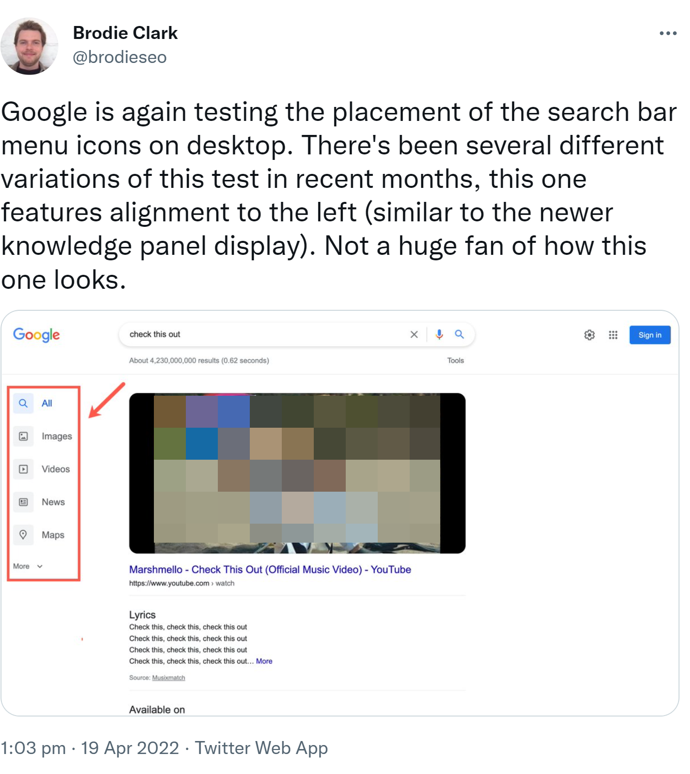 Google testet Navigation auf der linken Seite - Brodie Clark auf Twitter
