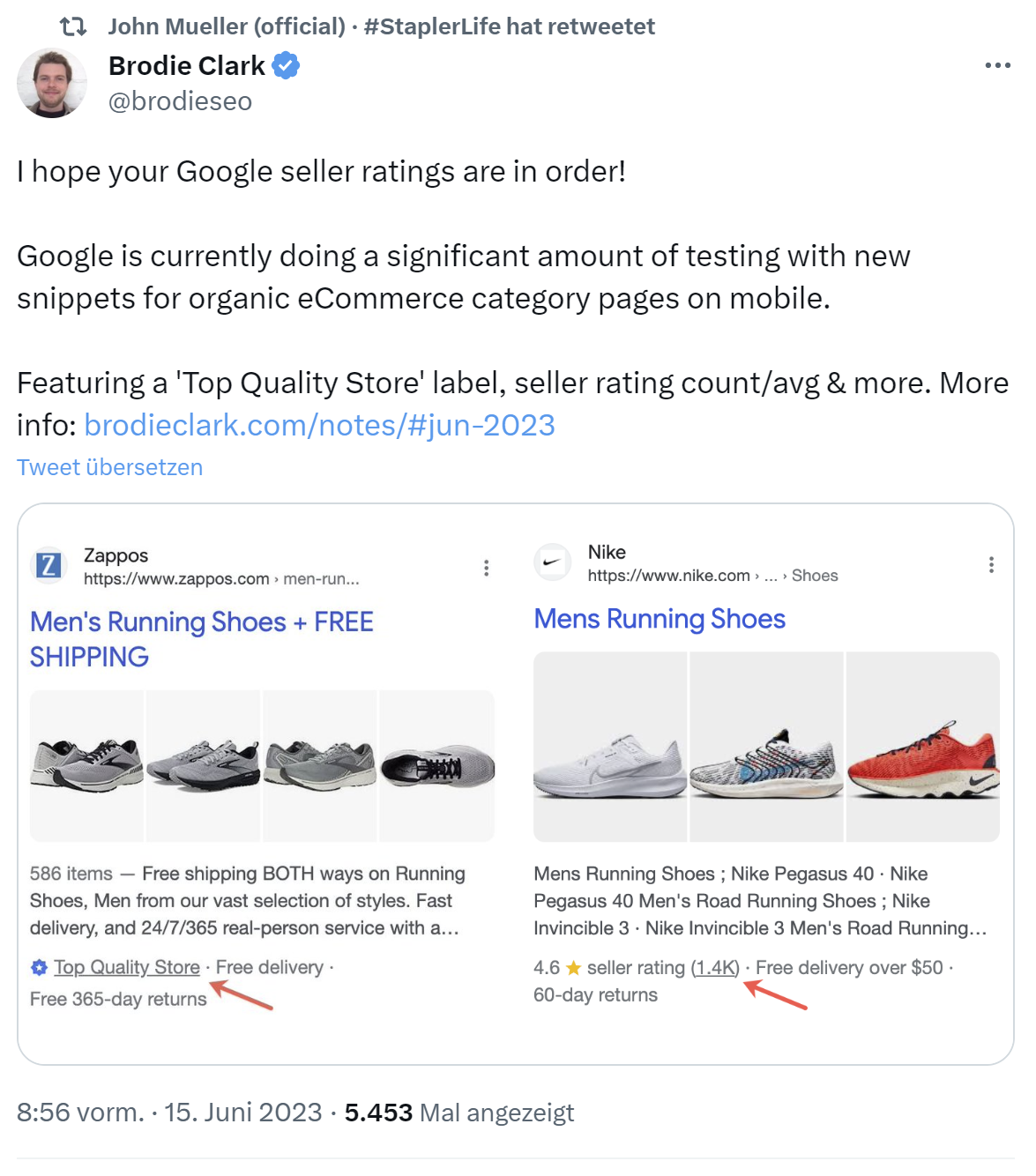Google testet erweiterte Snippets für E-Commerce mit Seller Ratings - Brodie Clark auf Twitter