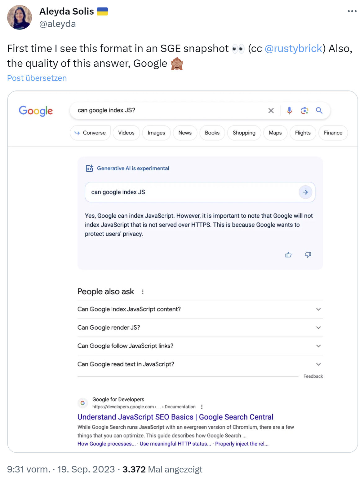 Google testet neues Design für neue Suche 'SGE', das an die bestehende Suche erinnert - Aleyda Solis auf Twitter