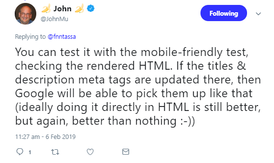 Google: Title und Meta-Description am besten per Mobile Friendly-Test prüfen, wenn sie per Google Tag Manager eingebunden werden
