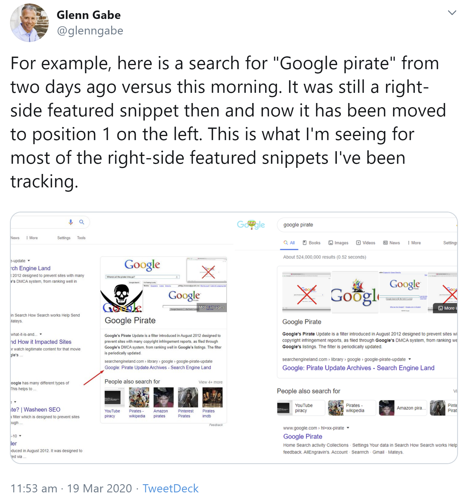 Google: Umzug von Featured Snippets von rechts nach oben - Beispiel