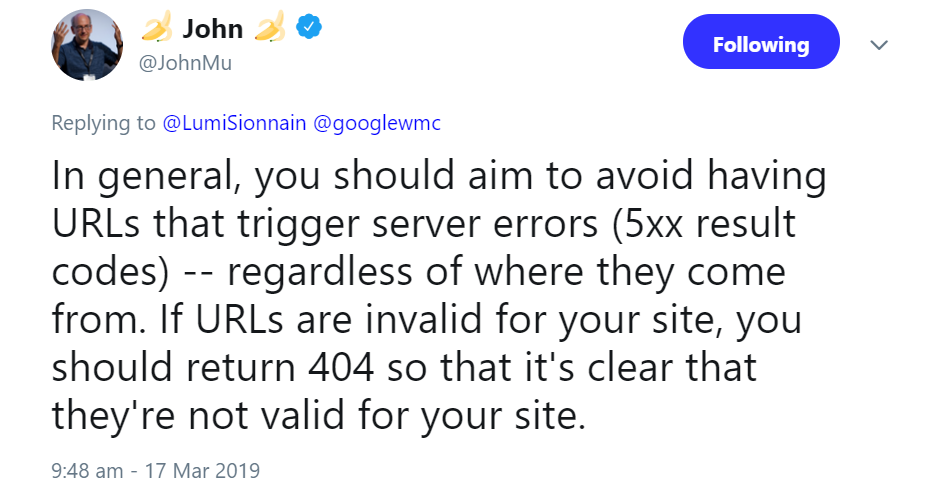Google: URLs, die Serverfehler auslösen, sollten vermieden werden