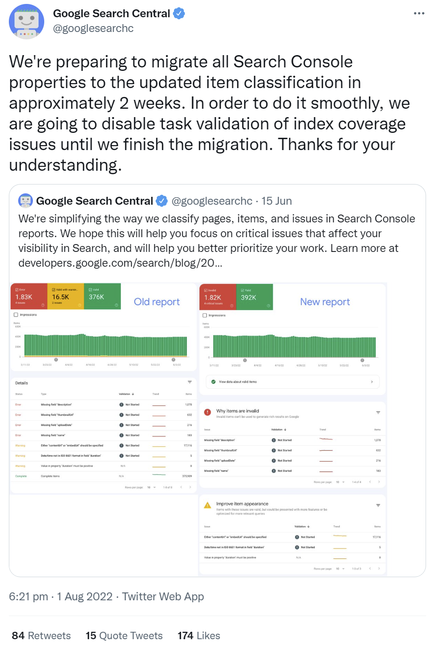 Google teilt mit, dass die Funktion zum Validieren von korrigierten Fehlern im Bericht zur Indexabdeckung der Google Search Console vorübergehend außer Betrieb gesetzt wird