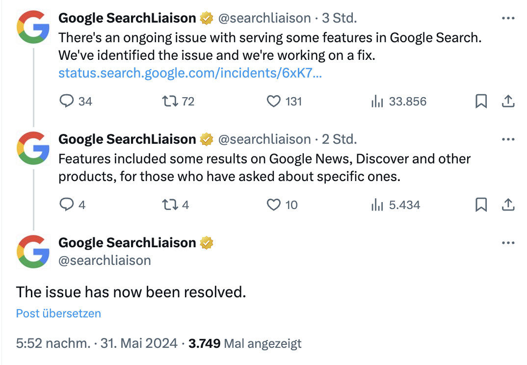 Google meldet vorübergehende Probleme mit dem Ausspielen von Suche-Features