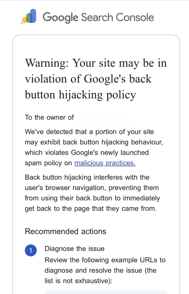 Google Warnung wegen Back Buttton Hijackings