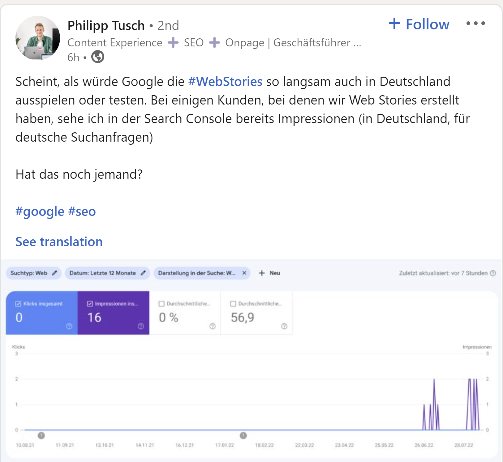 Google Web Stories jetzt auch auf den deutschen Suchergebnisseiten? Phlipp Tusch auf LinkedIn