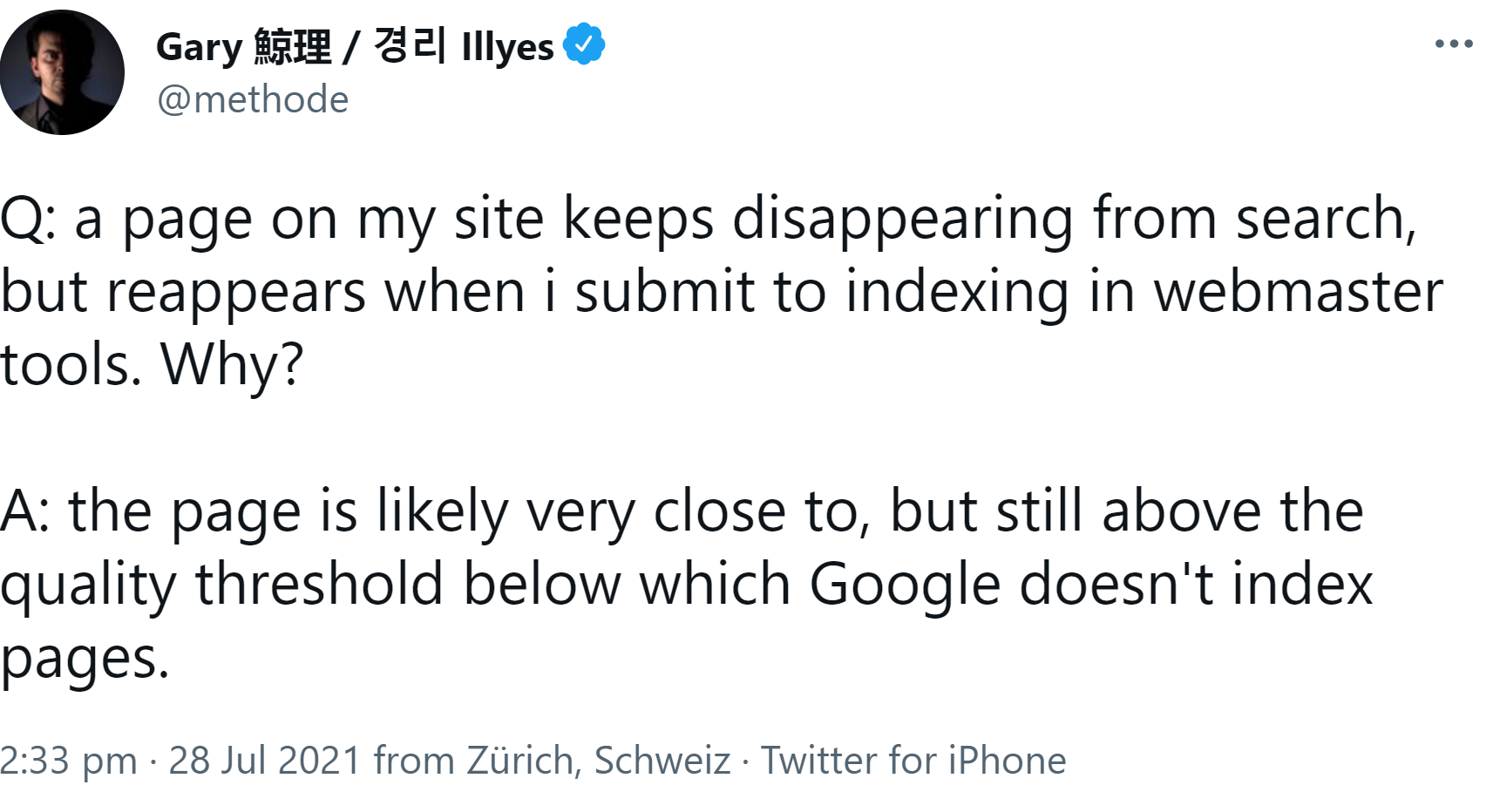 Google: Wenn eine Website aus der Suche verschwindet und nur nach dem Einreichen per Search Console wieder auftaucht, dann gibt es vermutlich ein Qualitätsproblem