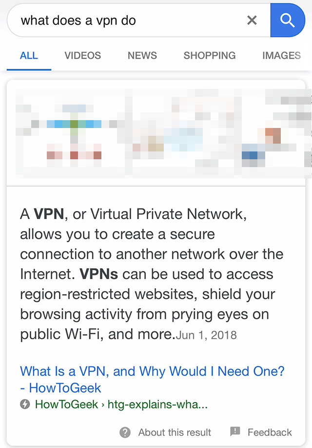 Google: Featured Snippet for 'what does a vpn do'