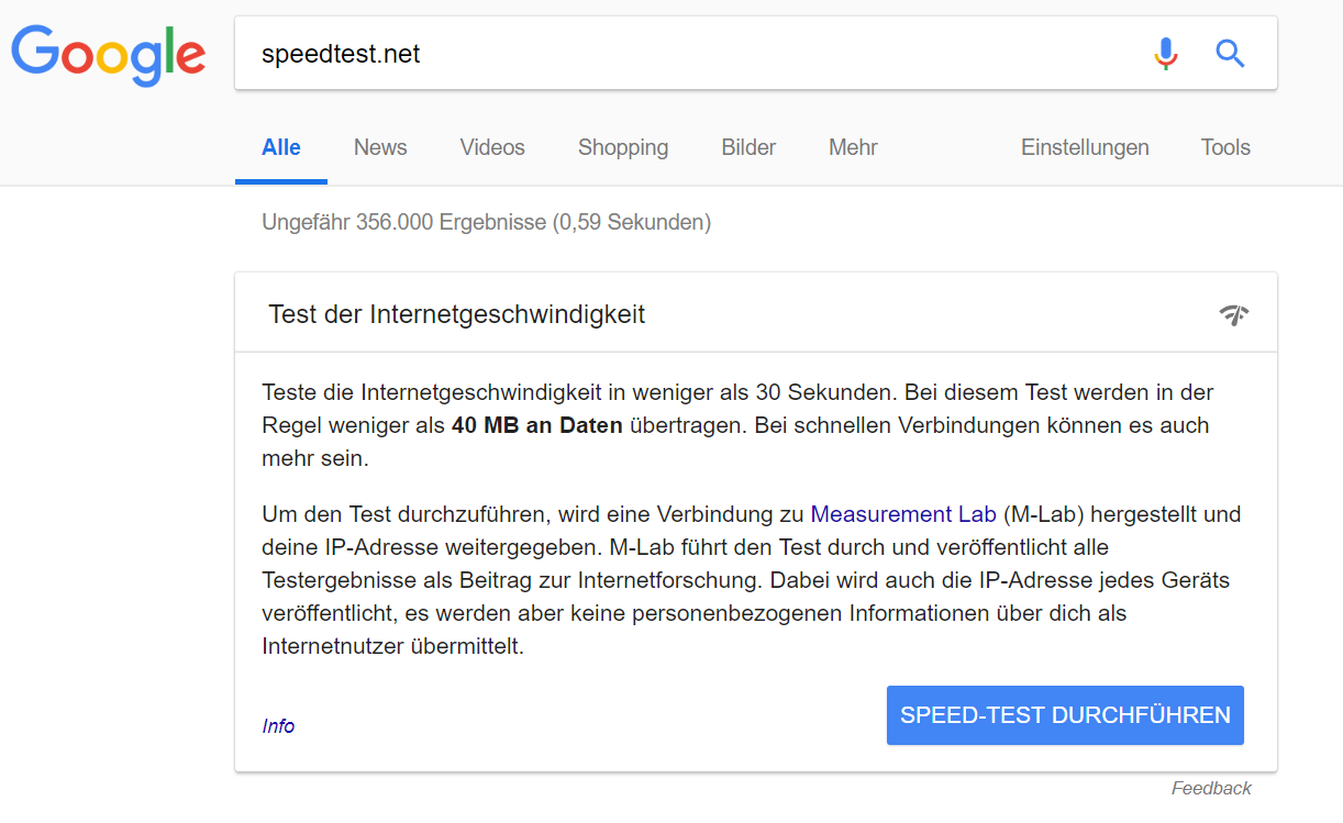 Google: eigenes Ergebnis statt 'speedtest.net'