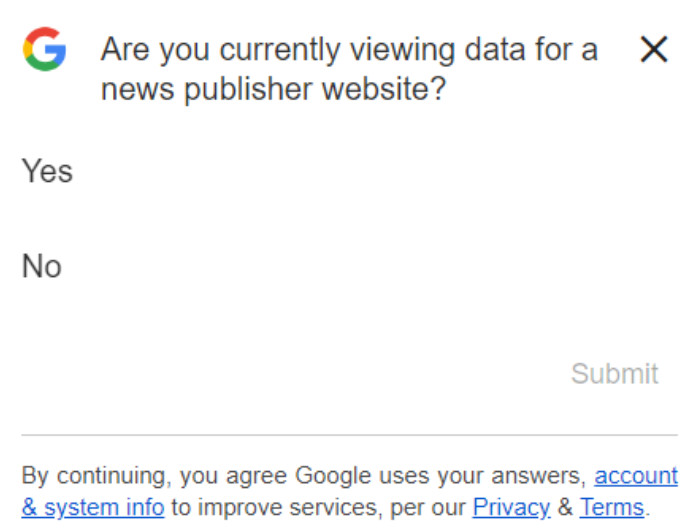 Google Search Console: Umfrage zu News-Publisher-Websites: Eingangsfrage