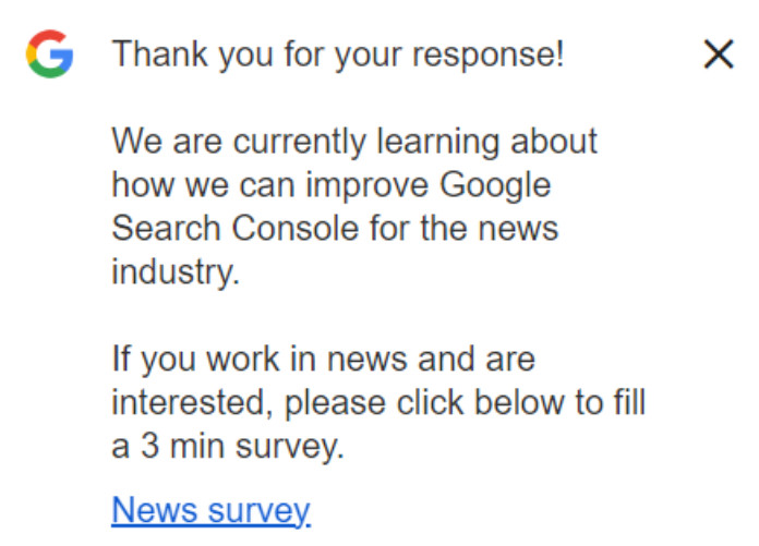 Google Search Console: Umfrage zu News-Publisher-Websites: Folgefrage mit Link auf Umfrage