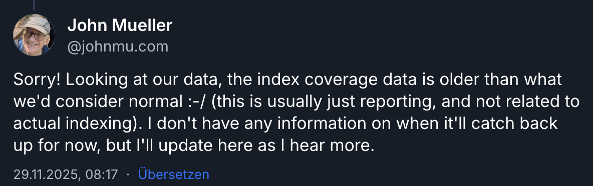 John Müller zu alten Indexierungsdaten in der Google Search Console: Post auf Bluesky