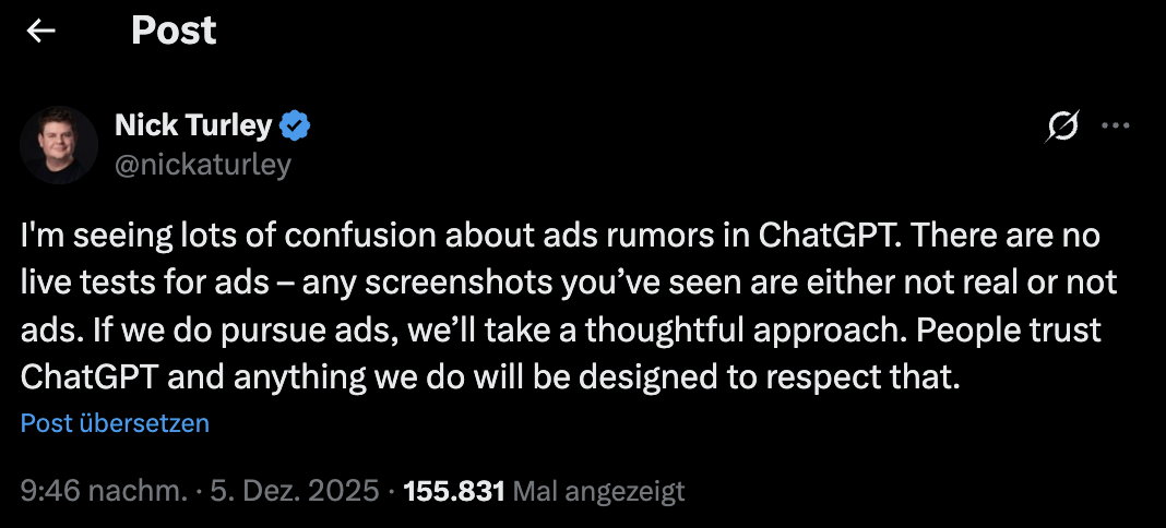 Nick Turley von OpenAI: keine Live-Tests mit Werbung geplant