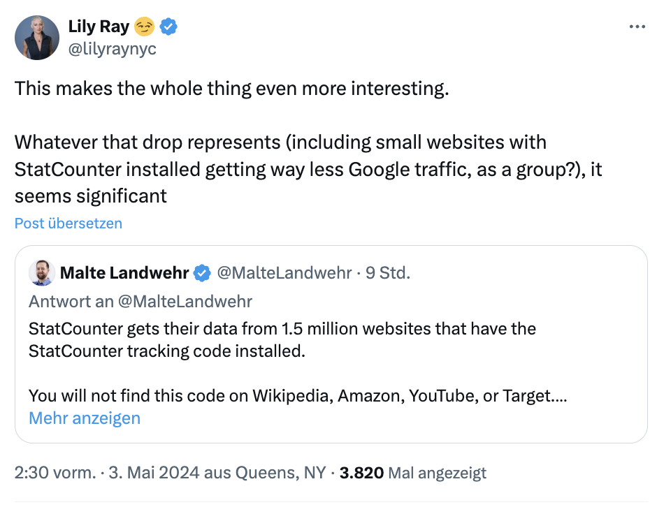 Lily Ray zu den Veränderungen der Suchmaschinen-Marktanteile auf statcounter