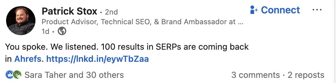 Patrick Stox auf LinkedIn: Per Ahrefs können jetzt wieder die Top-100-Rankings abgefragt werden.