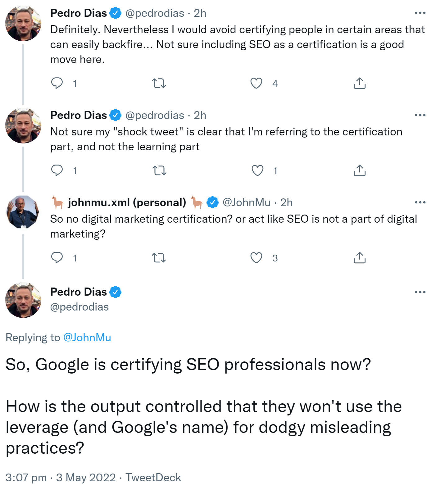 Pedro Dias auf Twitter: Kritik an Googles SEO-Zertifizierung