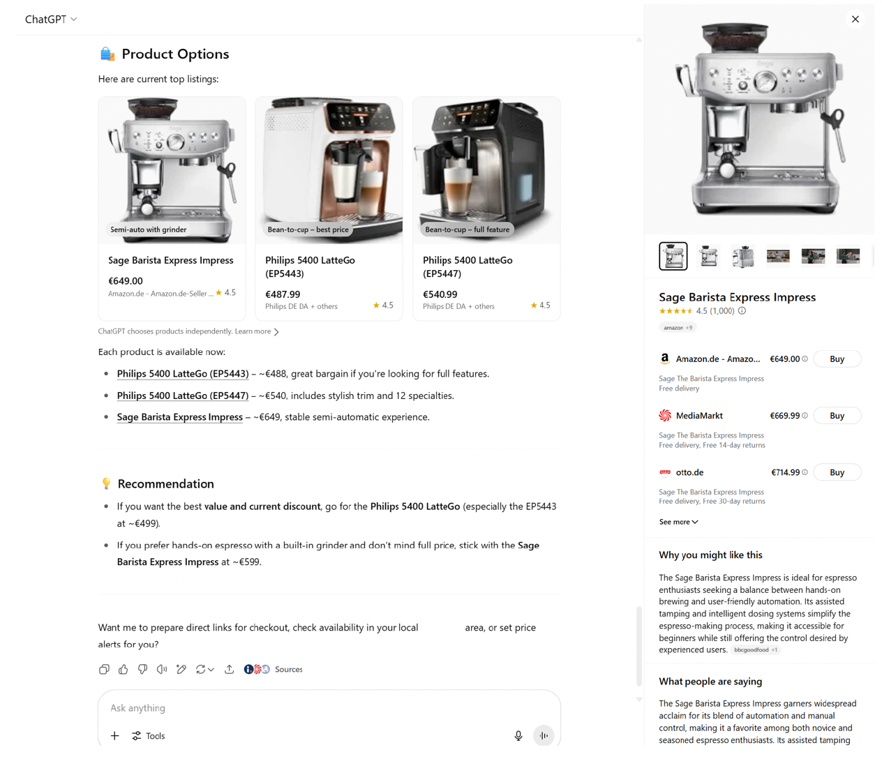 Produktempfehlungen für Espressomaschinen in ChatGPT