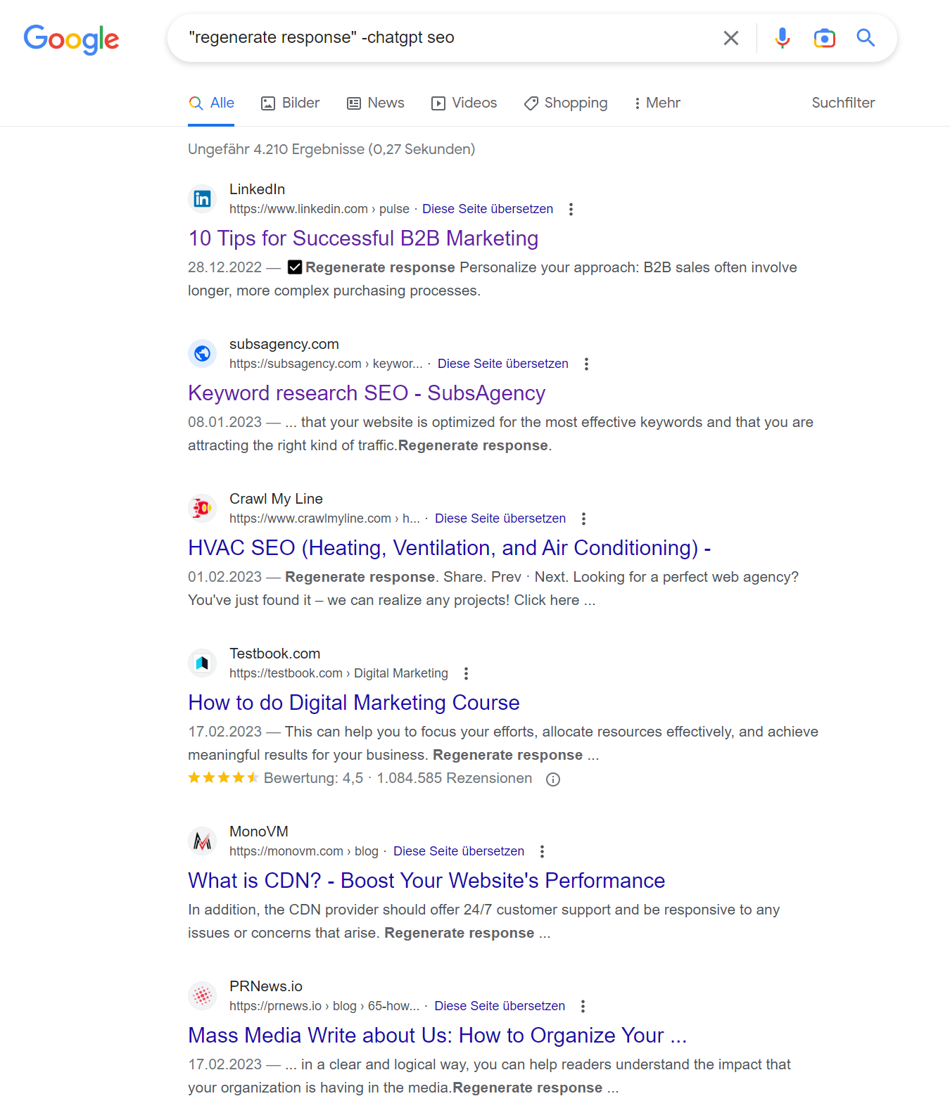 Google: Antworten für die Suche nach 'SEO' mit 'regenerate response'