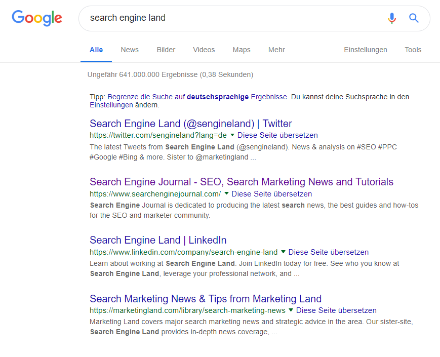Webseite von Search Engine Land erscheint nicht in den Google-Ergebnissen