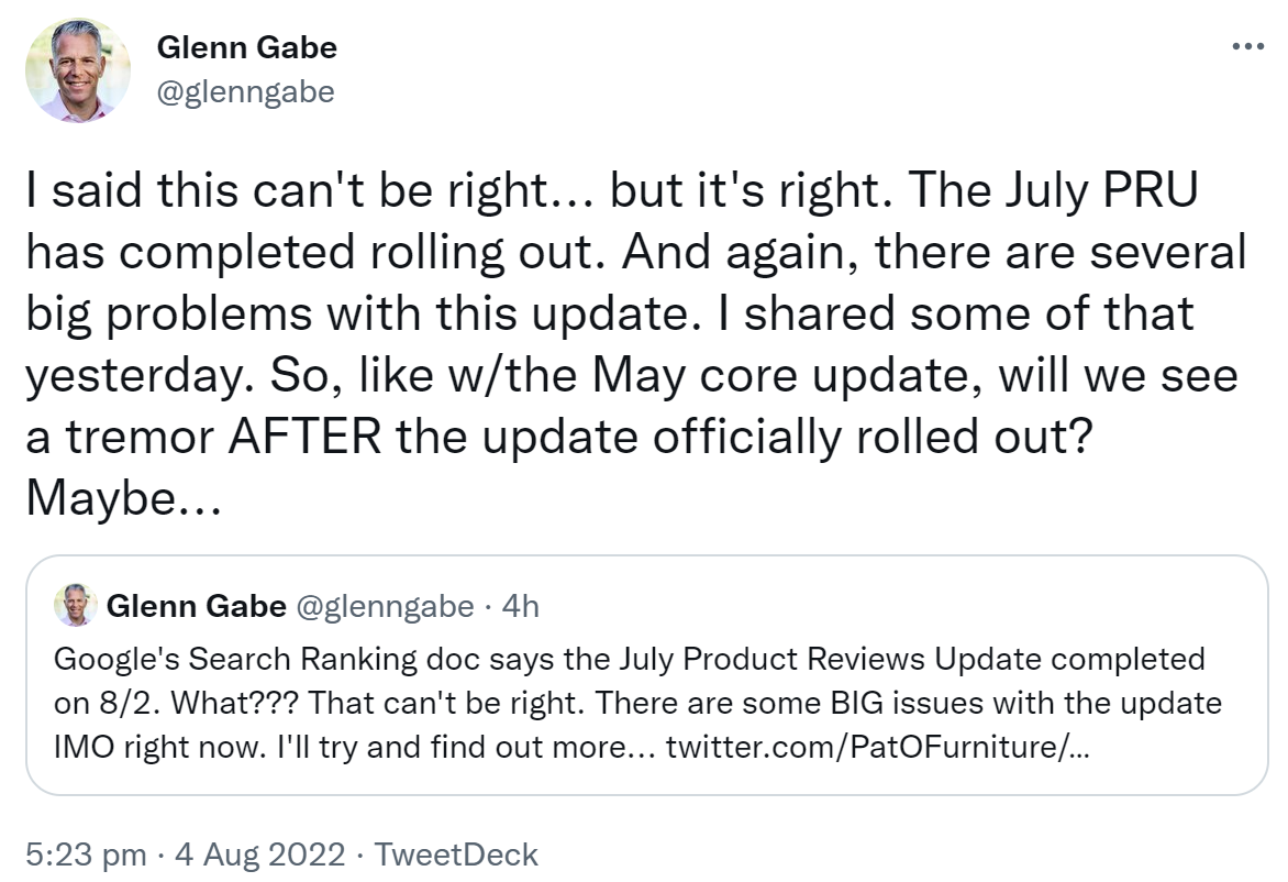 SEO Glenn Gabe bezweifelt, dass das aktuelle Google Product Reviews Update schon beendet ist