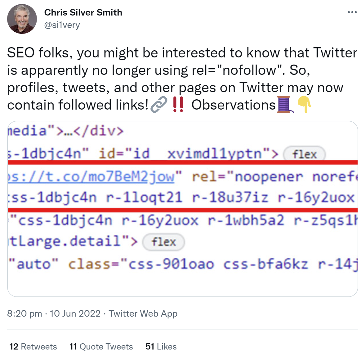Twitter-Links werden jetzt ohne 'nofollow' gesetzt - Chris Silver Smith auf Twitter
