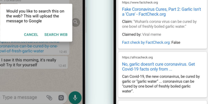 WhatsApp: Search the Web zum Faktencheck auf Google